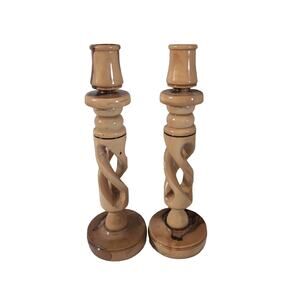 Vintage Set of 2 Beautiful Wooden Spiral Handturned Candle Holders 9in
